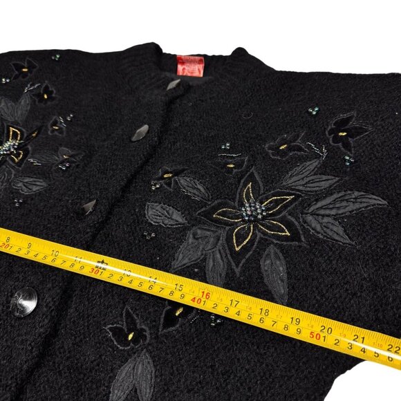 Vintage 90s Mohair Wool Cardigan Sz. S Black Beaded Appliqué  Fuzzy Whimsigoth - Picture 7 of 12